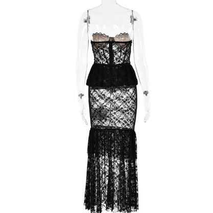Sweetheart neck lace see through bustier ruched tube maxi dress