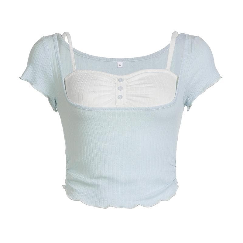 Short sleeve patchwork ruched ruffle top
