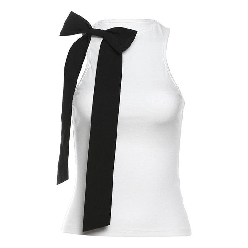 Bowknot crewneck ribbon contrast tank top