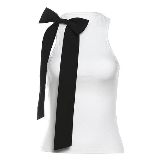Bowknot crewneck ribbon contrast tank top