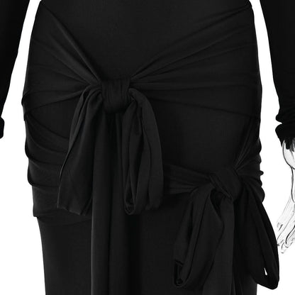 Off shoulder long sleeve ruched self tie maxi dress