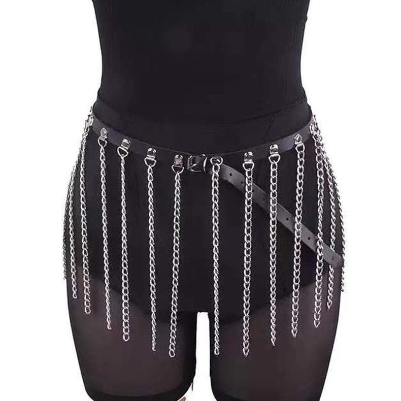 PU leather metal chain tassels belt