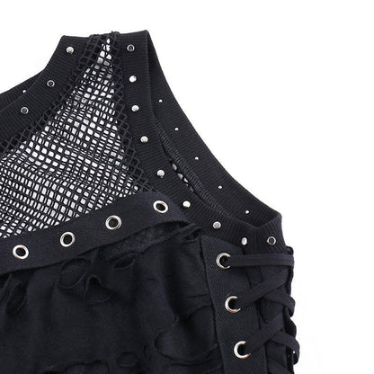 Crewneck fishnet buckle hollow out lace up tank cut out top