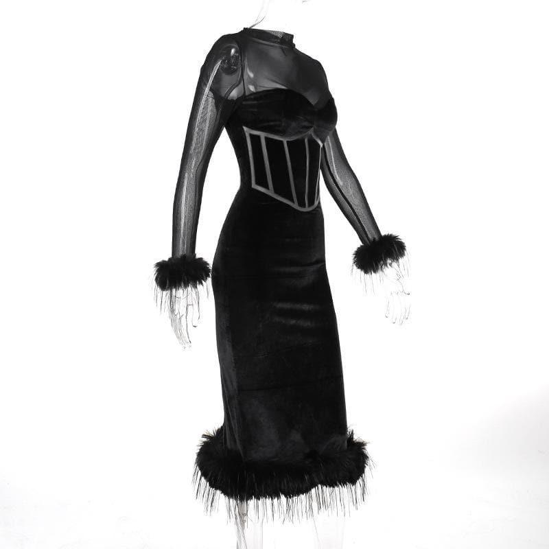 Mesh High Neck Velvet Corset Feather Trim Midi Dress