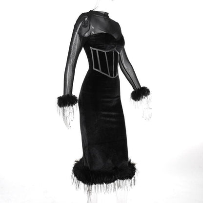 Mesh High Neck Velvet Corset Feather Trim Midi Dress