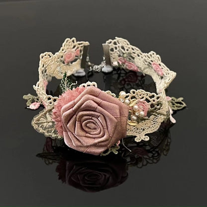 Rose applique lace faux pearl choker necklace