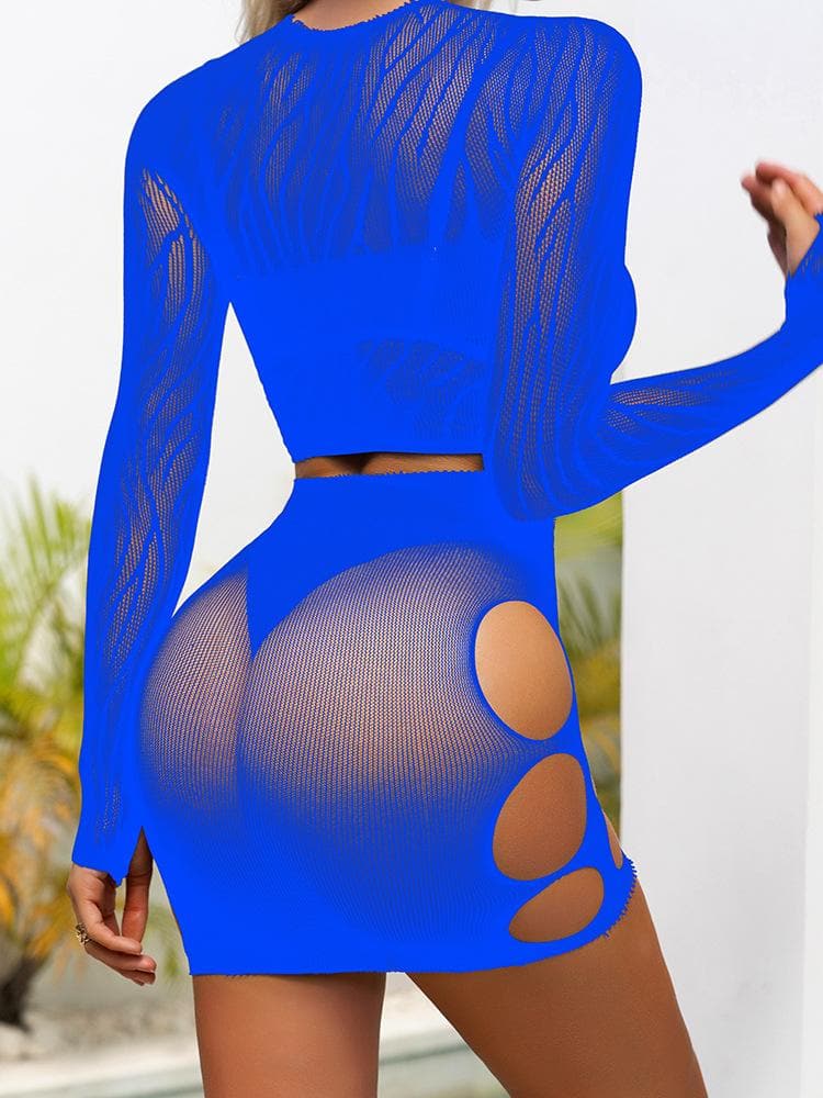 Long sleeve zebra sheer mesh mini skirt set