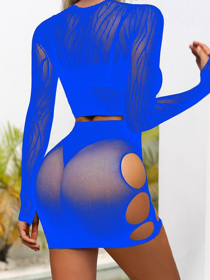 Long sleeve zebra sheer mesh mini skirt set