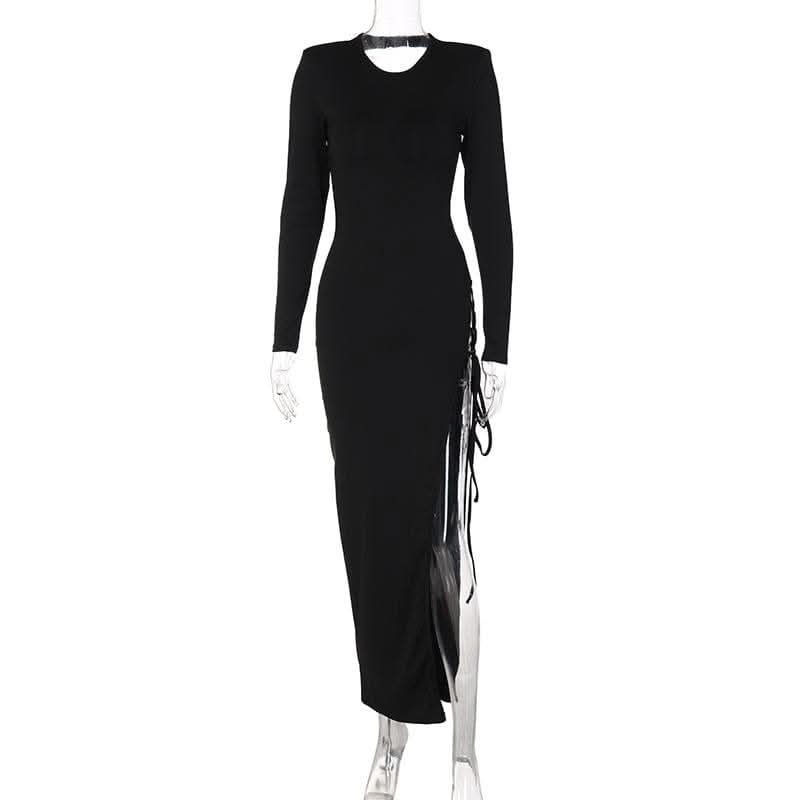Lace up irregular long sleeve hollow out backless cut out maxi dress-final-sale