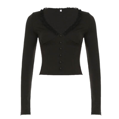 Long sleeve v neck ruffle button top