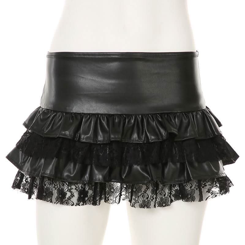 PU leather lace patchwork ruched mini skirt