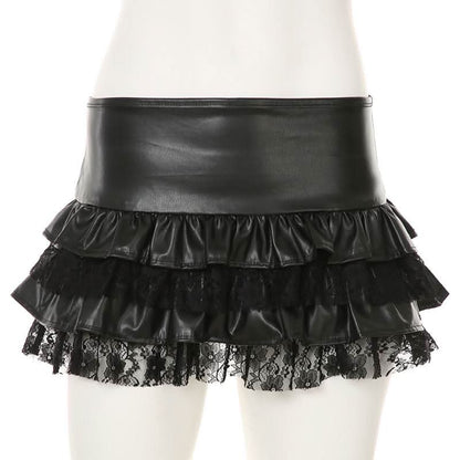 PU leather lace patchwork ruched mini skirt