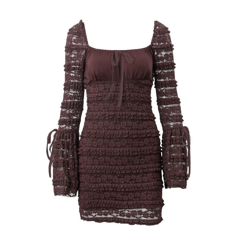 Square Neck Bow Tiered Floral Lace Bell Sleeve Ribbon Tie Bodycon Mini Dress
