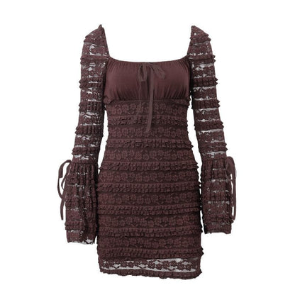 Square Neck Bow Tiered Floral Lace Bell Sleeve Ribbon Tie Bodycon Mini Dress