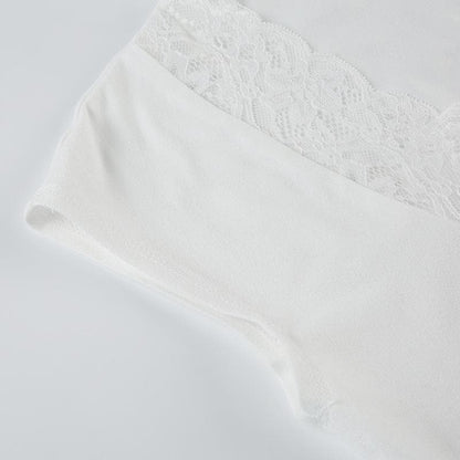 V neck cap sleeve lace hem top