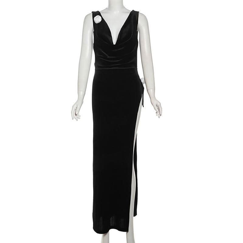Cowl neck velvet backless slit bowknot applique maxi dress