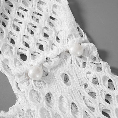 Halter knitted fishnet see through irregular mini dress