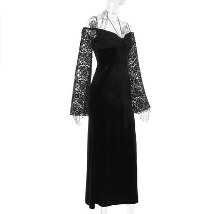 Long sleeve off shoulder velvet slit maxi dress