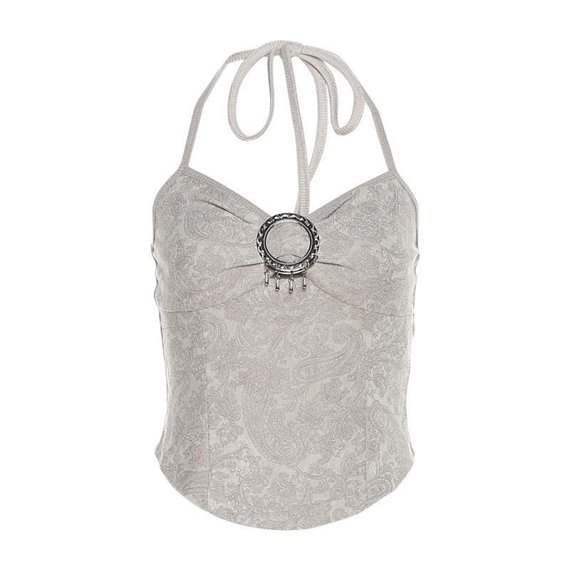 Halter buckle v neck backless ruched abstract contrast top