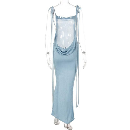 Cowl Back Tie Shoulder Spaghetti Strap Bodycon Maxi Dress