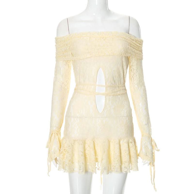 Long sleeve off shoulder lace self tie hollow out cut out mini dress