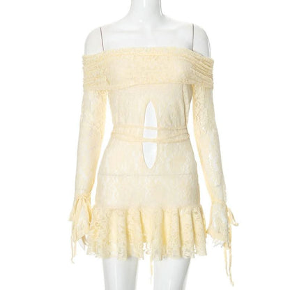 Long sleeve off shoulder lace self tie hollow out cut out mini dress