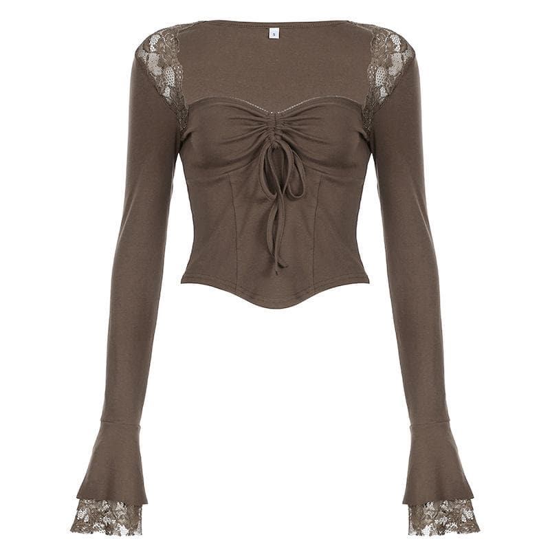 Long flared sleeve drawstring ruched lace top