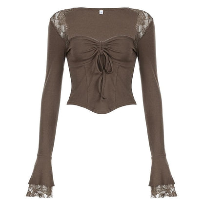 Long flared sleeve drawstring ruched lace top
