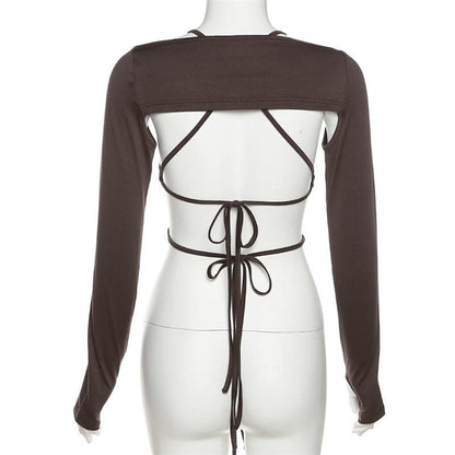 Long sleeves V neck halter ruched solid 2 piece top