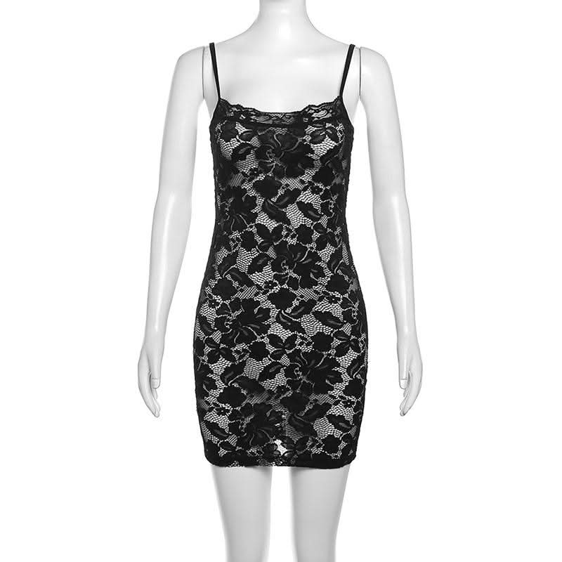 Lace hollow out see through u neck cami cut out mini dress