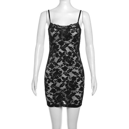 Lace hollow out see through u neck cami cut out mini dress