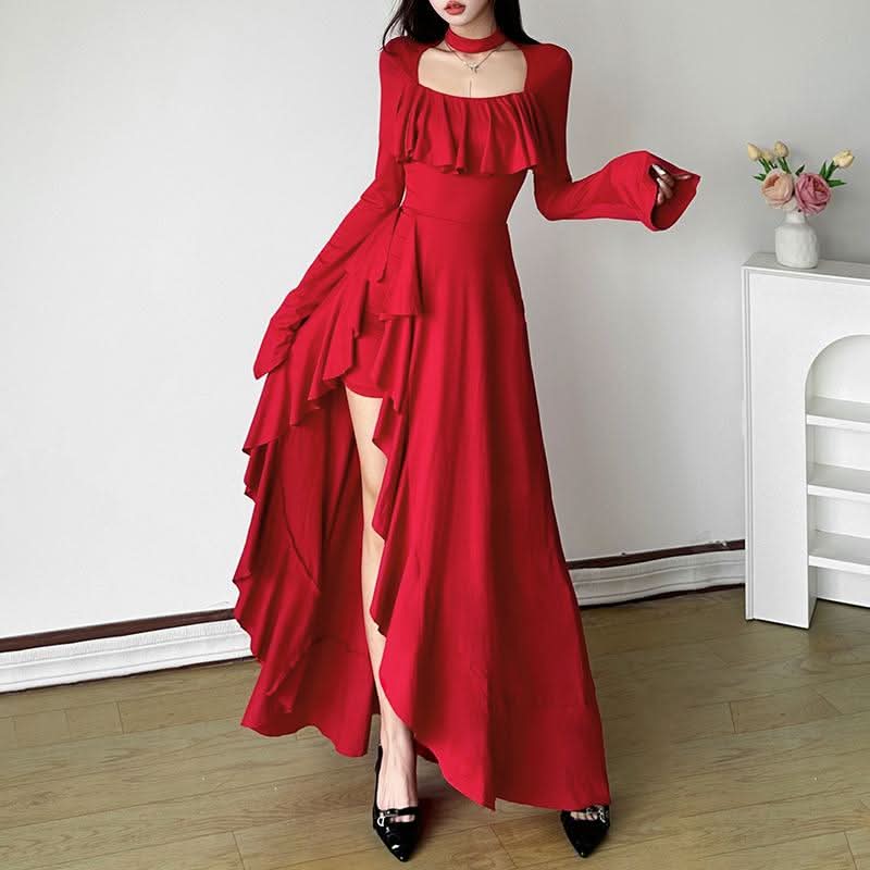 Long sleeve zip-up irregular ruffle square neck maxi dress