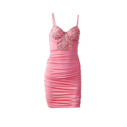 Floral Embroidery Bustier Lace Up Side Ruched Cami Mini Dress