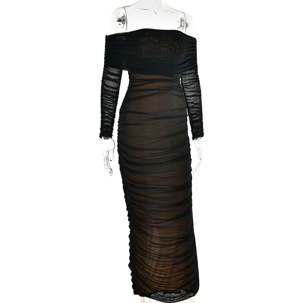 Off shoulder long sleeve slit mesh ruched maxi dress