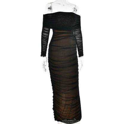 Off shoulder long sleeve slit mesh ruched maxi dress