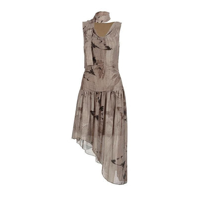Sleeveless cowl neck print irregular ruched midi dress