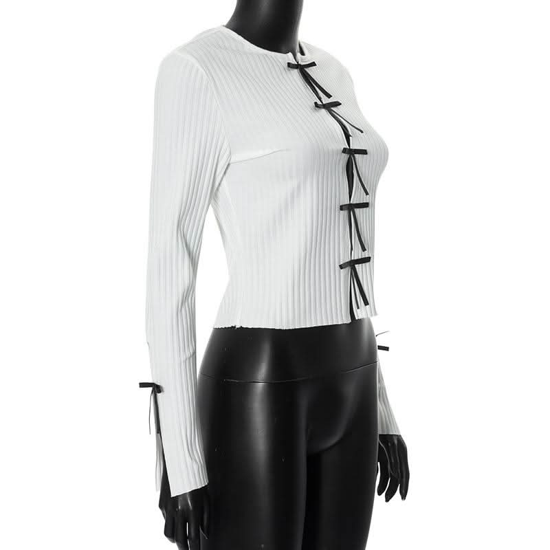 Long sleeve slit hollow out bowknot textured cut out top