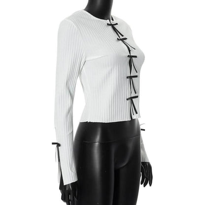 Long sleeve slit hollow out bowknot textured cut out top