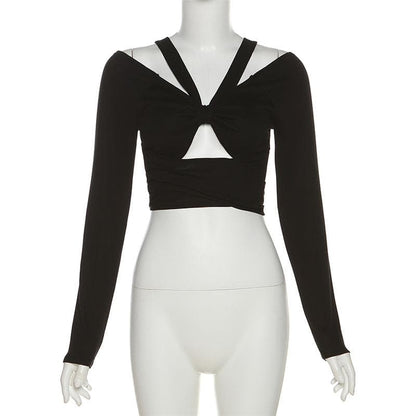 Long sleeve self tie bowknot hollow out solid crop cut out top