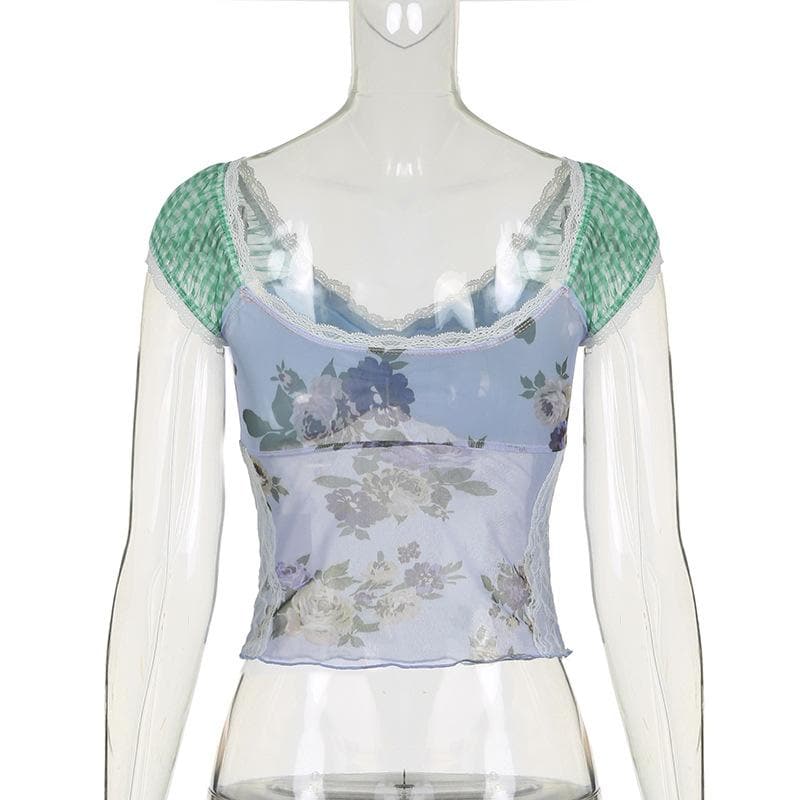 Cap shoulder lace hem contrast top