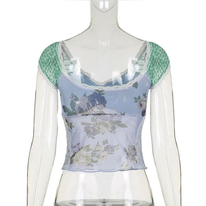 Cap shoulder lace hem contrast top