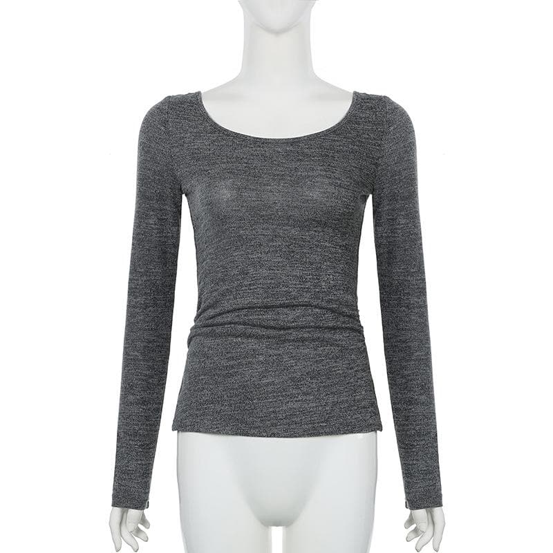Long sleeve u neck self tie solid top