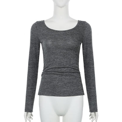Long sleeve u neck self tie solid top