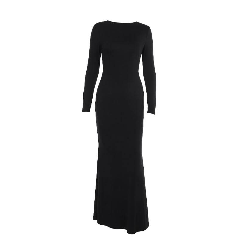 Long sleeve hollow out buckle crewneck cut out maxi dress
