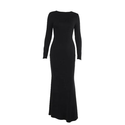 Long sleeve hollow out buckle crewneck cut out maxi dress