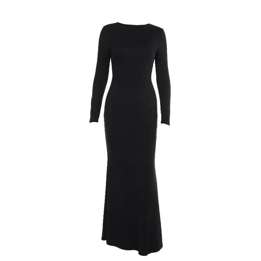 Long sleeve hollow out buckle crewneck cut out maxi dress
