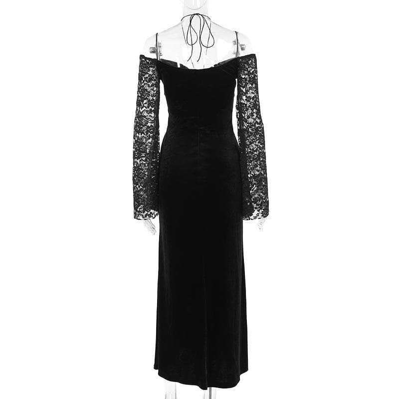 Long sleeve off shoulder velvet slit maxi dress
