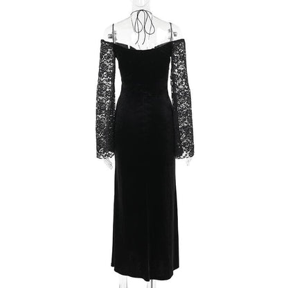 Long sleeve off shoulder velvet slit maxi dress