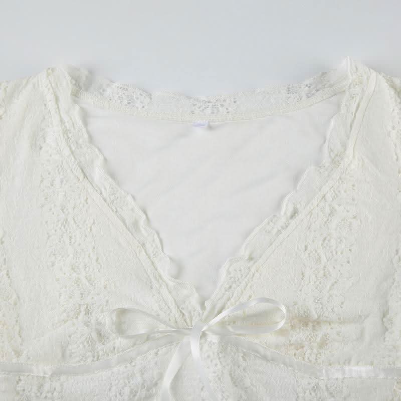 V neck long sleeve lace bowknot top