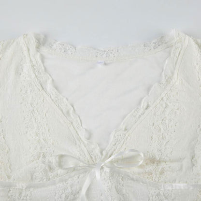 V neck long sleeve lace bowknot top